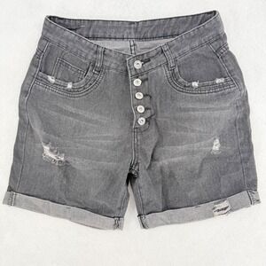 Grunge Tumblr Distress High Waist Denim Shorts Button Gray Size L Mom Jean